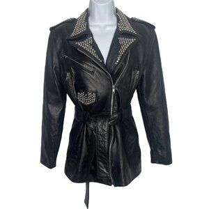 Vintage 80s/90s LA ROXX Black Leather Jacket Size S Studded Belted Punk Metal